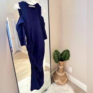Navy Blue Cold Shoulder Ruched Midi Dress by Michael Stars